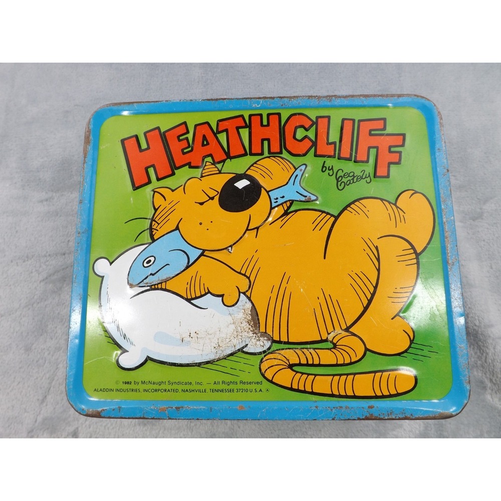 Vintage Aladdin 1982 Heathcliff Metal Lunchbox Green/Multi Color Comic Strip‎